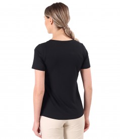 Elastic jersey blouse with decorative application at the neckline