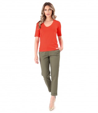 Elastic cotton pants with jersey blouse
