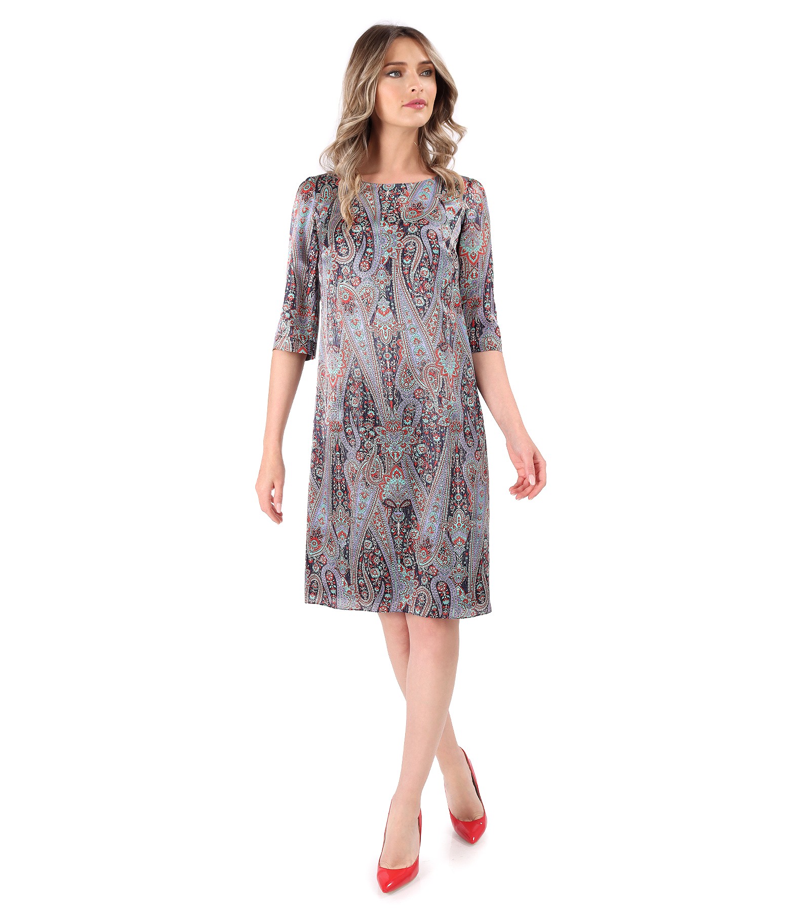 Natural silk dress printed with paisley motifs navy blue - YOKKO