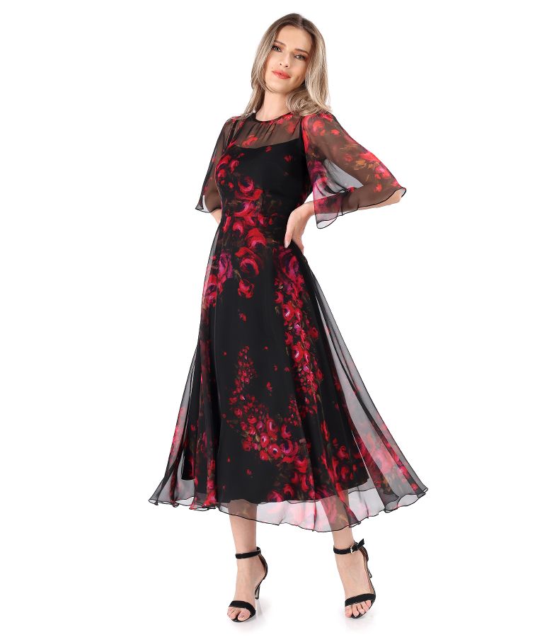 Printed veil midi dress with wide sleeves