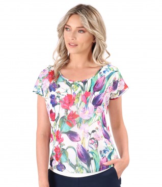Blouse with floral printed veil front