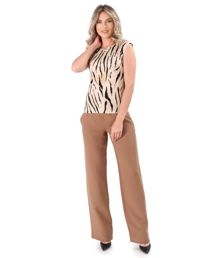 Elegant outfit with tencel pants and animal print blouse