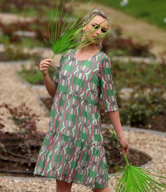 Dress with ruffles made of printed veil