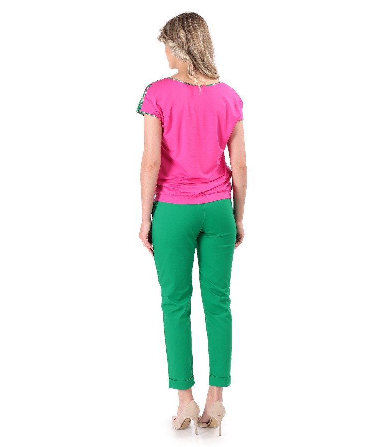 Printed veil front blouse and thin cotton pants