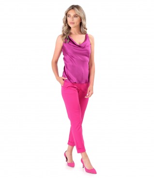Elegant outfit with viscose satin blouse and ankle pants
