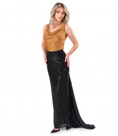 Long sequined skirt with viscose satin blouse