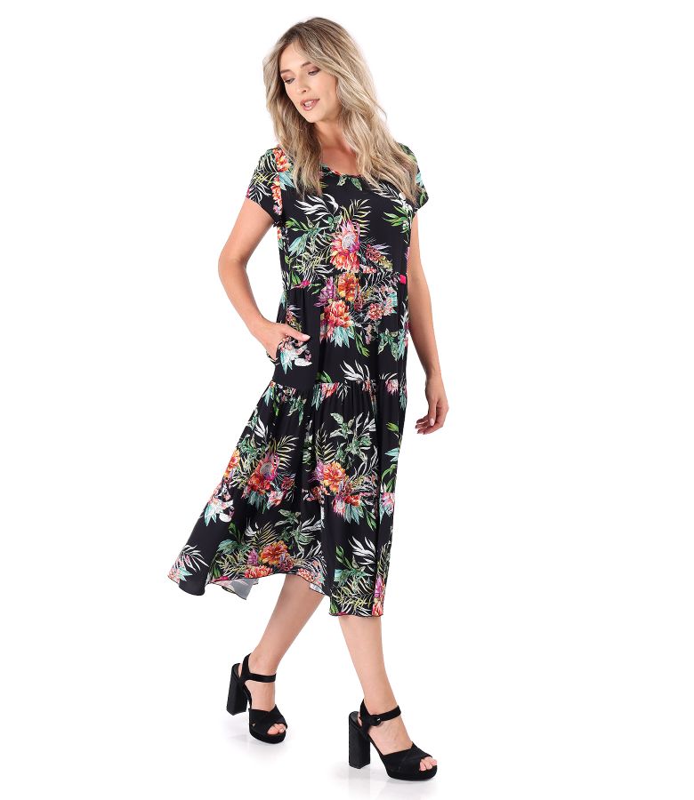 Dress with ruffles made of viscose printed with floral motifs