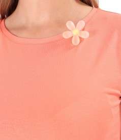 Elastic jersey elegant blouse with flower at the neckline