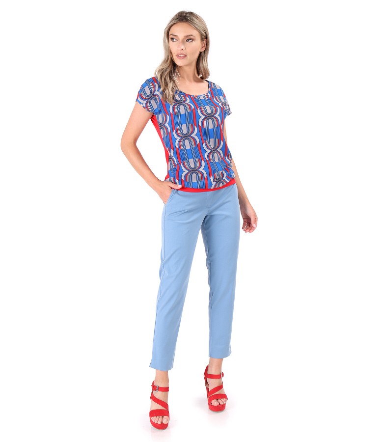 Ankle pants with blouse with printed veil front