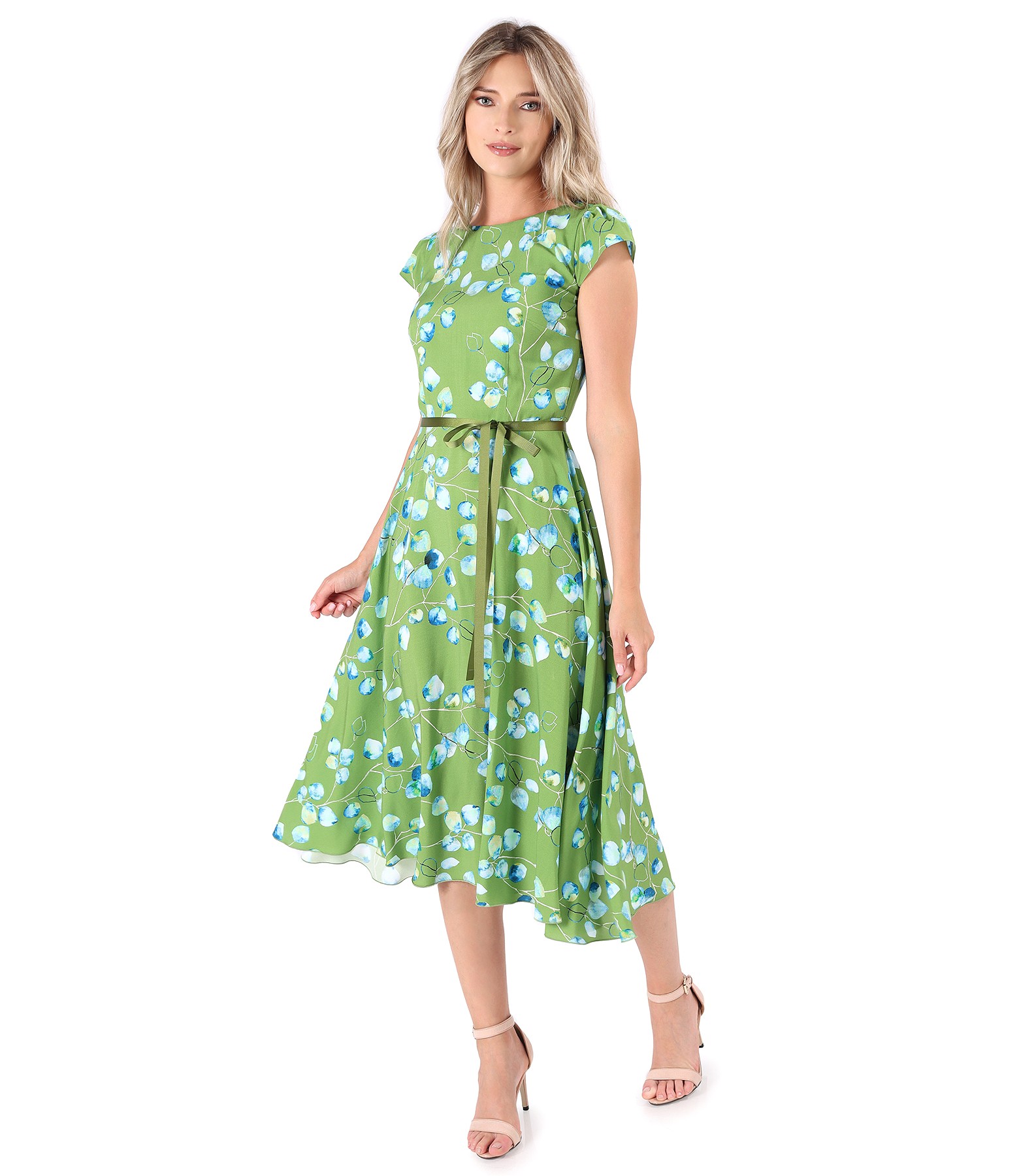 Elegant viscose dress printed with floral motifs green - YOKKO
