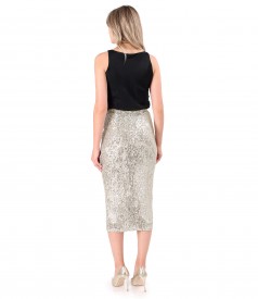 Elegant outfit with sequin midi skirt and viscose satin blouse