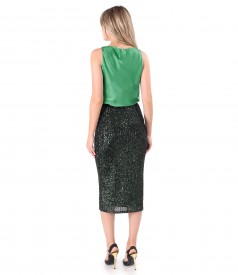 Elegant outfit with sequin midi skirt and viscose satin blouse