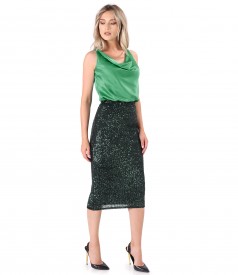 Elegant outfit with sequin midi skirt and viscose satin blouse