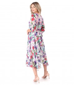 Elegant outfit with dress and scarf made of veil printed with floral motifs