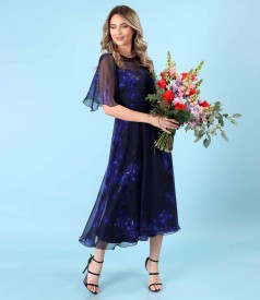 Printed veil midi dress with wide sleeves