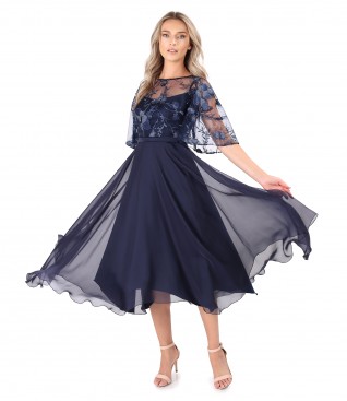 Midi veil evening dress with bodice and veil sleeves with sequins