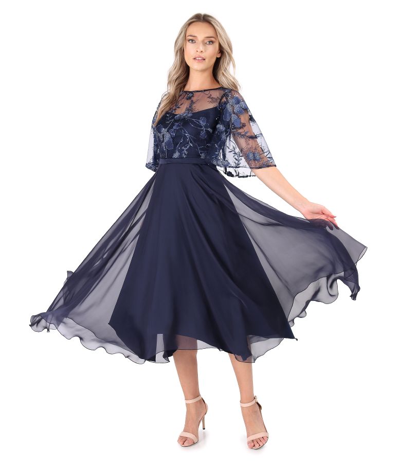 Midi veil evening dress with bodice and veil sleeves with sequins navy ...