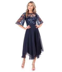 Midi veil evening dress with bodice and veil sleeves with sequins