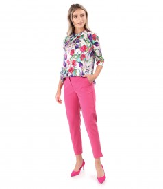 Elegant outfit with silk blouse and linen ankle pants made of tencel and linen