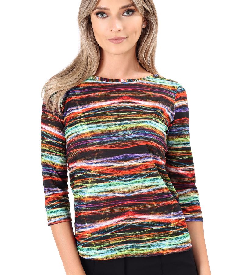 Elastic jersey blouse printed with geometric motifs