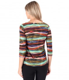 Elastic jersey blouse printed with geometric motifs