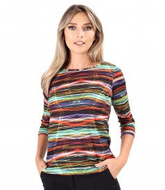 Elastic jersey blouse printed with geometric motifs