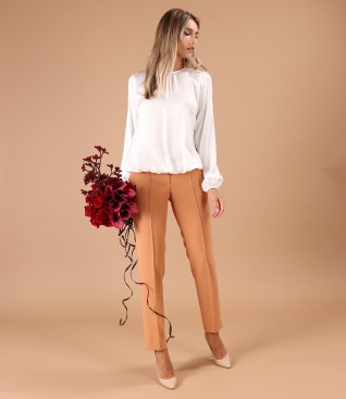 Office outfit with ankle pants and viscose satin blouse