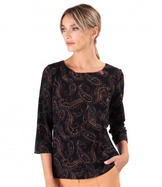 Elastic jersey blouse printed with paisley motifs