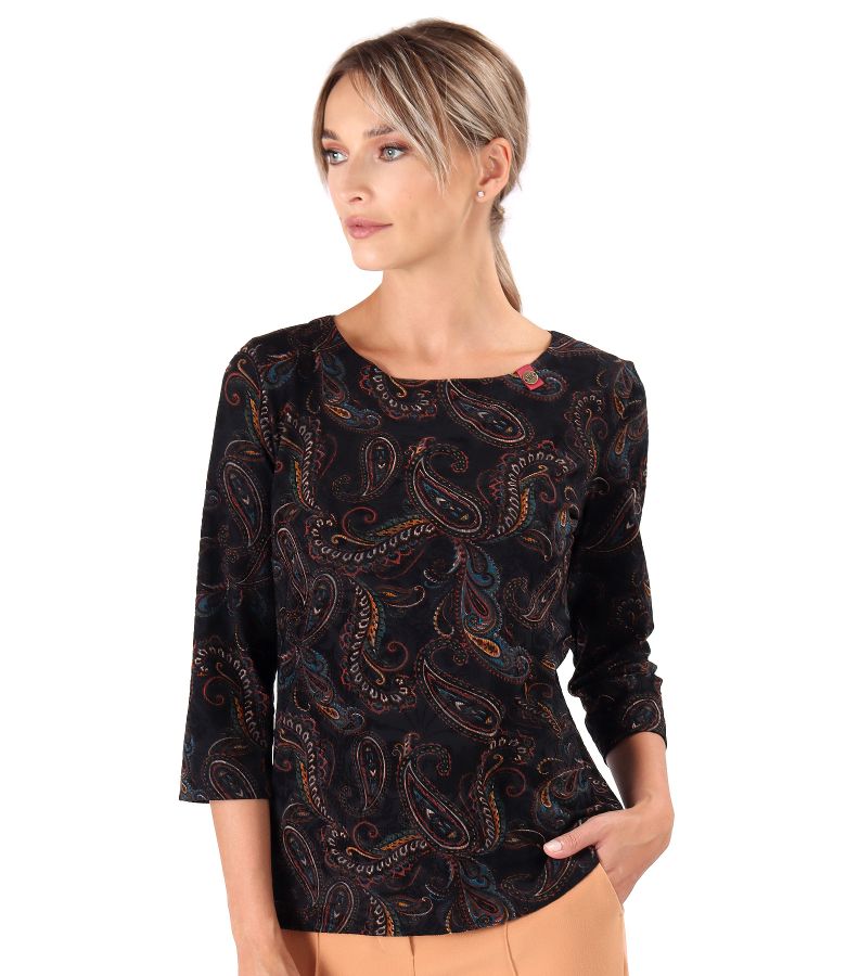 Elastic jersey blouse printed with paisley motifs