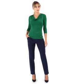 Elastic jersey blouse with pleated neckline