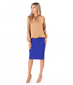 Office outfit with tapered skirt and viscose satin blouse