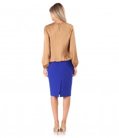 Office outfit with tapered skirt and viscose satin blouse