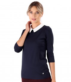 Elastic jersey blouse with pointed collar