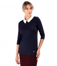 Elastic jersey blouse with pointed collar