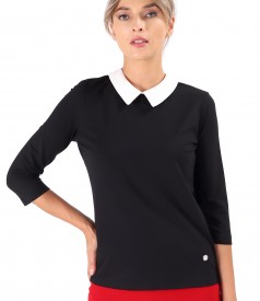 Elastic jersey blouse with pointed collar