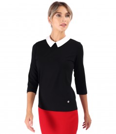 Elastic jersey blouse with pointed collar