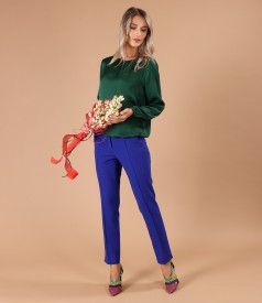 Office outfit with viscose satin blouse and ankle pants
