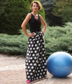 Elegant outfit with long skirt with dots and viscose satin blouse