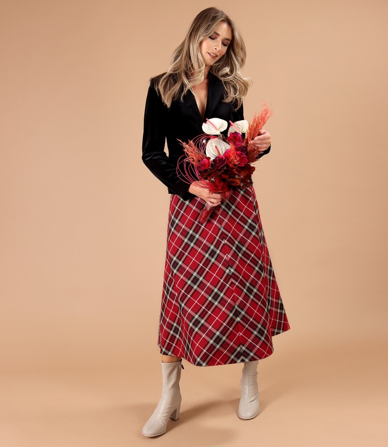 Plaid midi skirt with velvet jacket