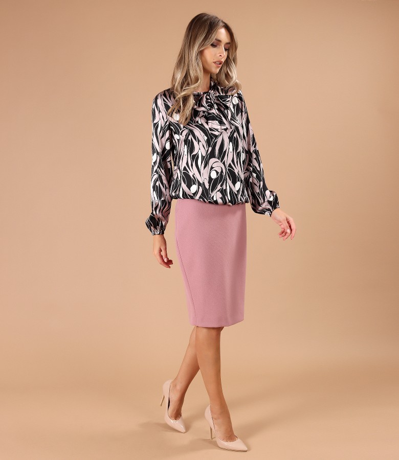 Elegant outfit with office skirt and viscose satin blouse
