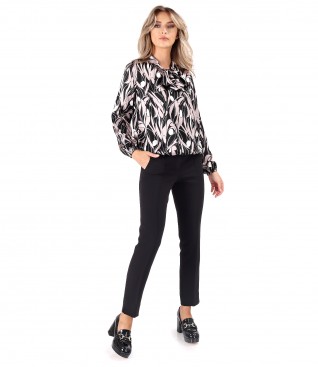 Viscose satin blouse with scarf collar and ankle pants