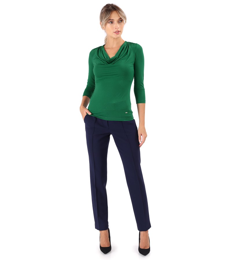 Ankle pants with elastic jersey blouse with pleated neckline