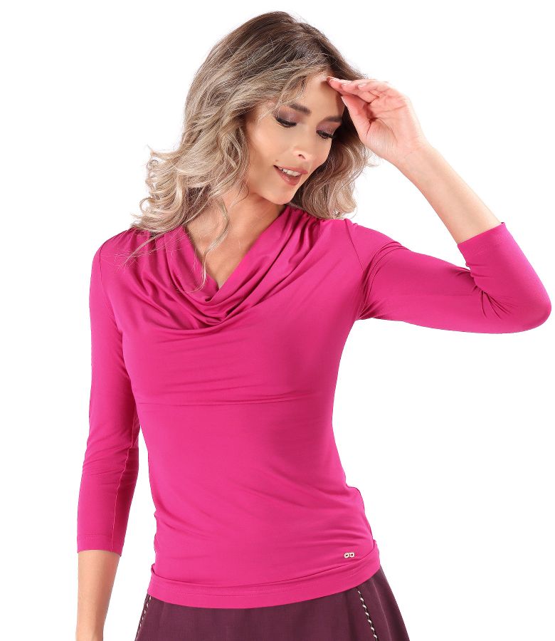 Elastic jersey blouse with pleated neckline