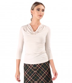 Elastic jersey blouse with pleated neckline