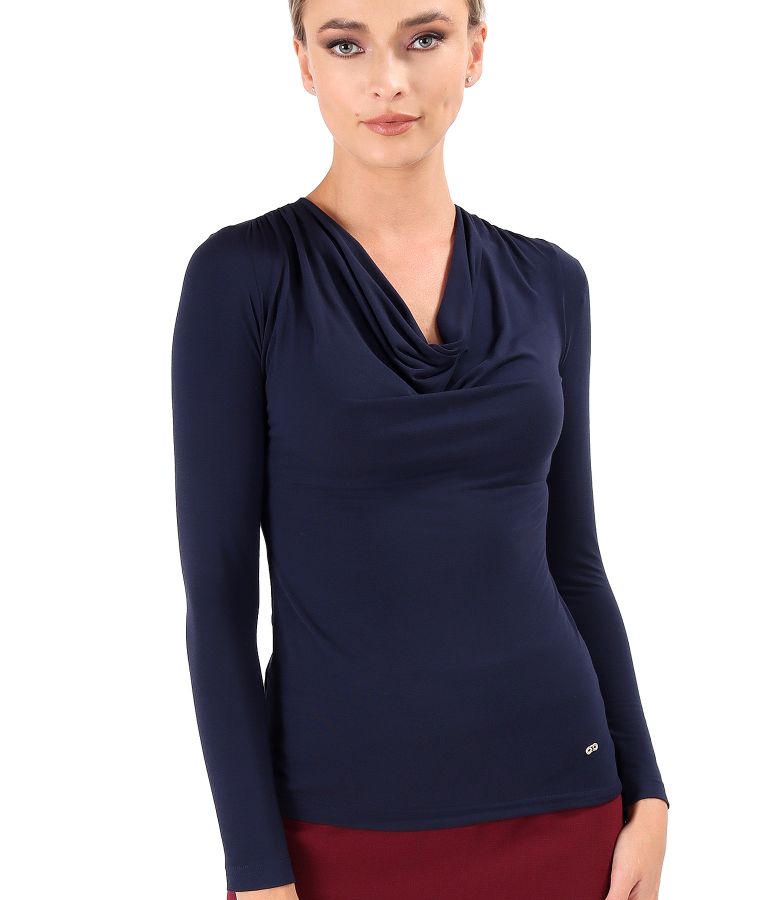 Elastic jersey blouse with pleated neckline