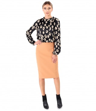 Office outfit with tapered skirt and viscose satin blouse