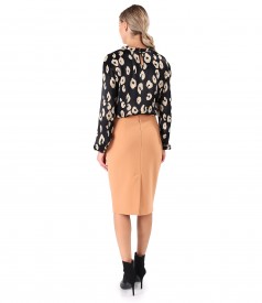 Office outfit with tapered skirt and viscose satin blouse