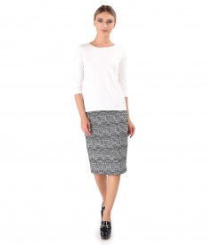 Office outfit with jersey blouse and checkered tapered skirt