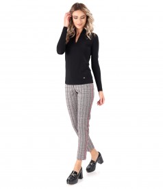 Plaid pants with pleated blouse