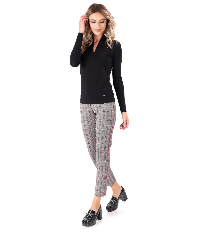 Plaid pants with pleated blouse